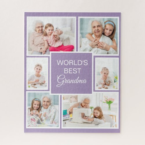Worlds Best Grandma 6 Photo Grandchild Purple Jigsaw Puzzle