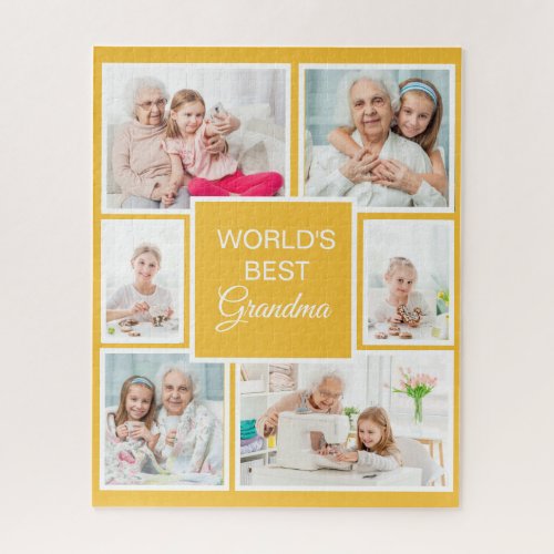 Worlds Best Grandma 6 Photo Grandchild Yellow  Jigsaw Puzzle