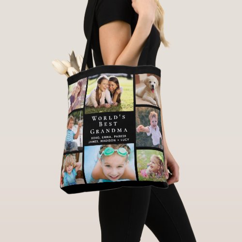 Worlds Best Grandma 8 Photo Collage Black Tote Bag