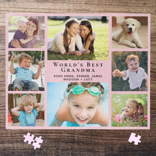 Worlds Best Grandma 8 Photo Collage Pink Jigsaw Puzzle
