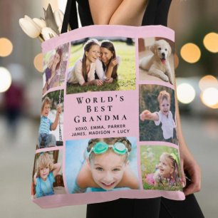 World's Best Grandma 8 Photo Collage Pink Tote Bag
