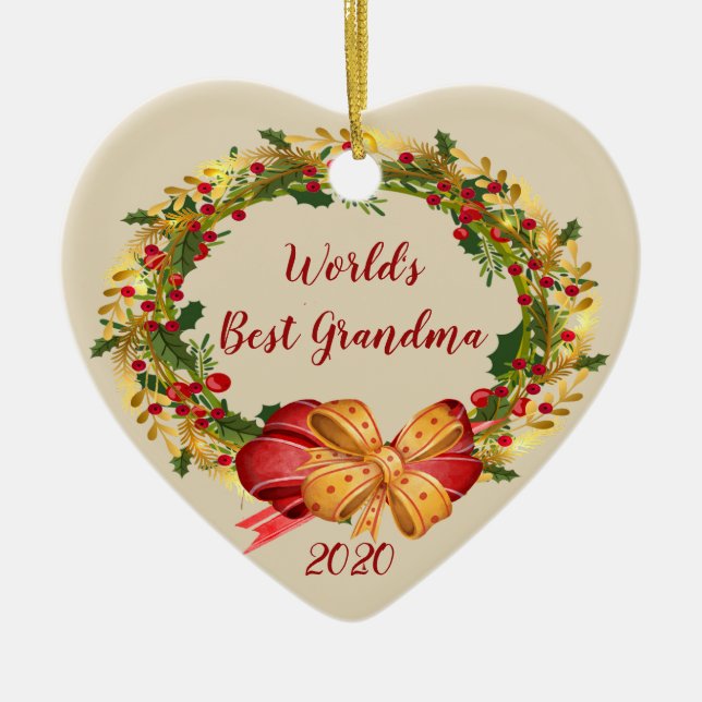 World's Best Grandma Antique Wreath Christmas Ceramic Ornament (Front)