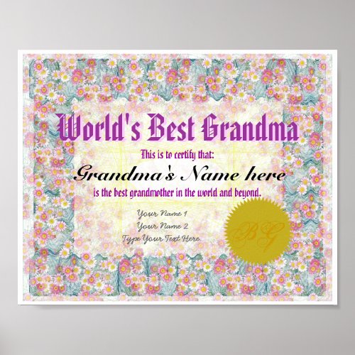 Worlds Best Grandma Award Certificate Print