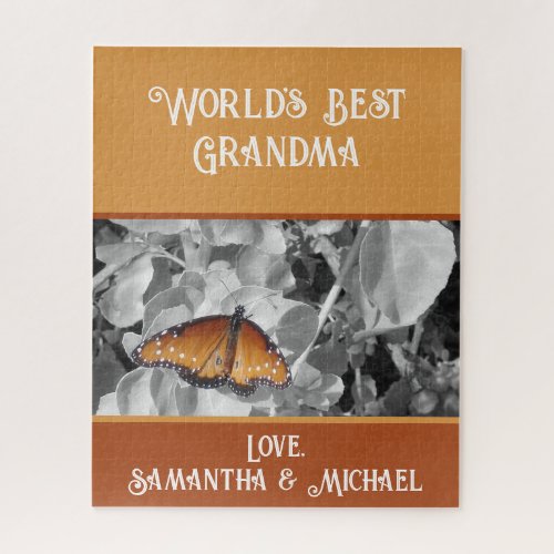 Worlds Best Grandma Black White Monarch Butterfly Jigsaw Puzzle