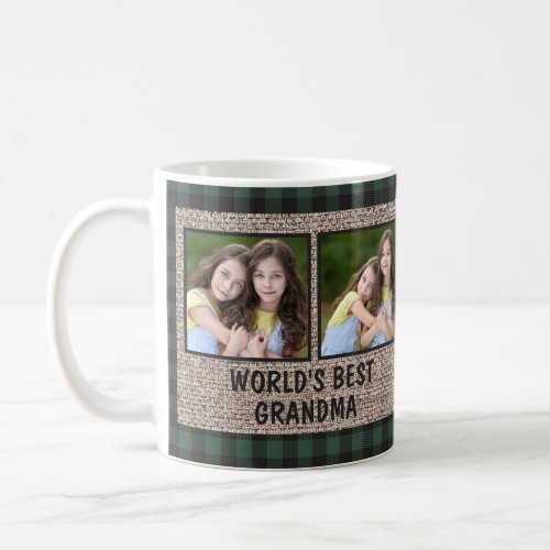 Worlds Best Grandma Buffalo Plaid Burlap 4 Photo Coffee Mug
