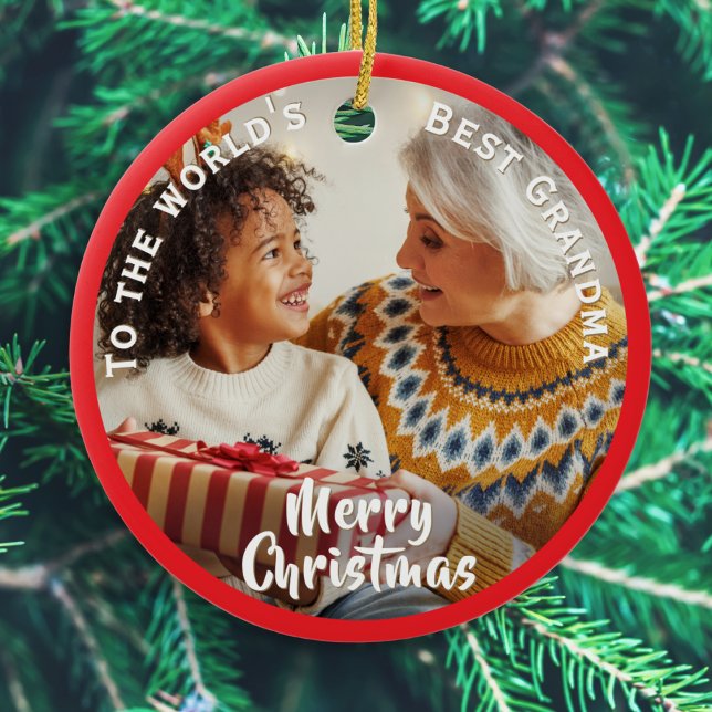 World's Best Grandma Custom Photo Christmas Ceramic Ornament (Create your own festive. ornament for Grandma. complete with your choice of photo and message)