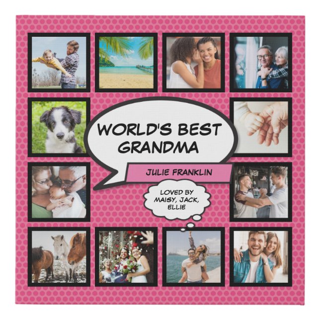 World's Best Grandma Fun Pink Photo Collage Faux Canvas Print (Front)