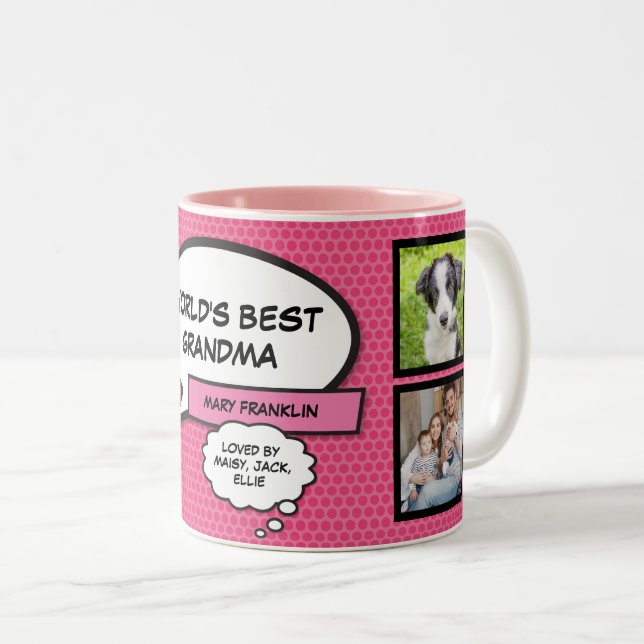 Worlds Best Grandma Fun Pink Photo Collage Two-Tone Coffee Mug (Front Right)