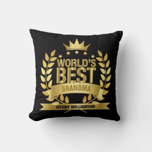 Worlds Best Grandma Grandmother Gold Black Throw Pillow