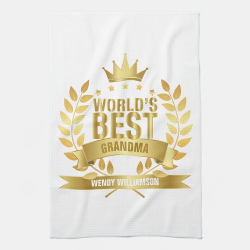 Worlds Best Grandma Grandmother Gold Fun Kitchen Towel