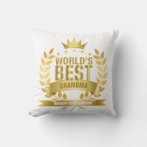 Worlds Best Grandma Grandmother Gold Fun Throw Pillow