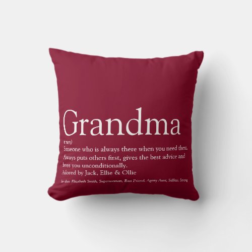 Worlds Best Grandma Granny Definition Burgundy Throw Pillow