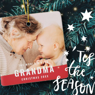 World's Best Grandma Modern Chic Photo Holiday Ceramic Ornament