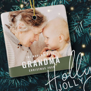 World's Best Grandma Modern Chic Photo Holiday Ceramic Ornament