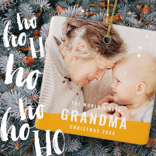 World's Best Grandma Modern Chic Photo Holiday Ceramic Ornament (Creator Uploaded)