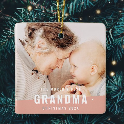 Worlds Best Grandma Modern Chic Photo Holiday Ceramic Ornament