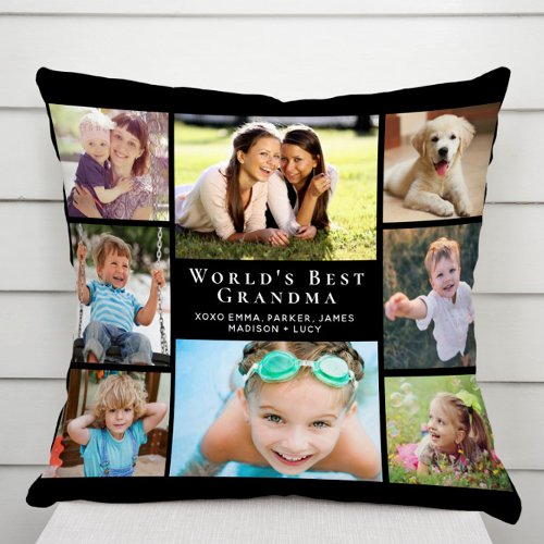 Worlds Best Grandma Photo Collage Black Throw Pillow