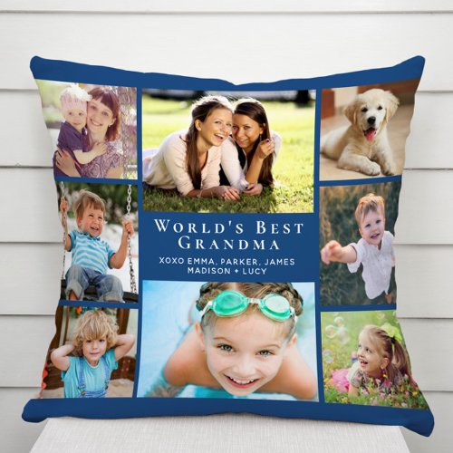 Worlds Best Grandma Photo Collage Blue Throw Pillow