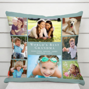 World's Best Grandma Photo Collage Green Throw Pillow