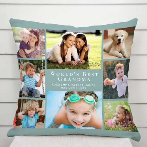 Worlds Best Grandma Photo Collage Green Throw Pillow