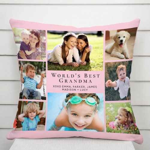 Worlds Best Grandma Photo Collage Pink Throw Pillow