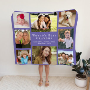 World's Best Grandma Photo Collage Purple Fleece Blanket