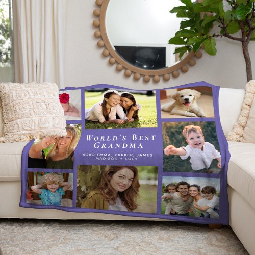 Worlds Best Grandma Photo Collage Purple Fleece Blanket