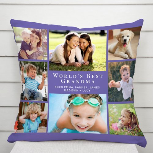 Worlds Best Grandma Photo Collage Purple Throw Pillow