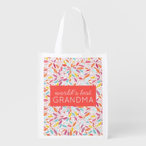 Worlds Best Grandma Vibrant Leaf Mosaic Coral Grocery Bag
