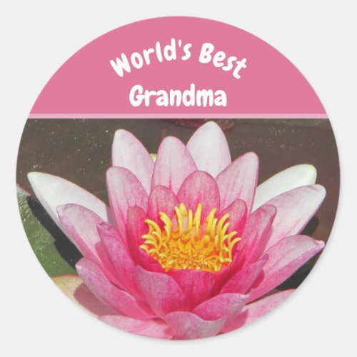  Worlds Best Grandma Vivid Pink Water Lily Flower Classic Round Sticker