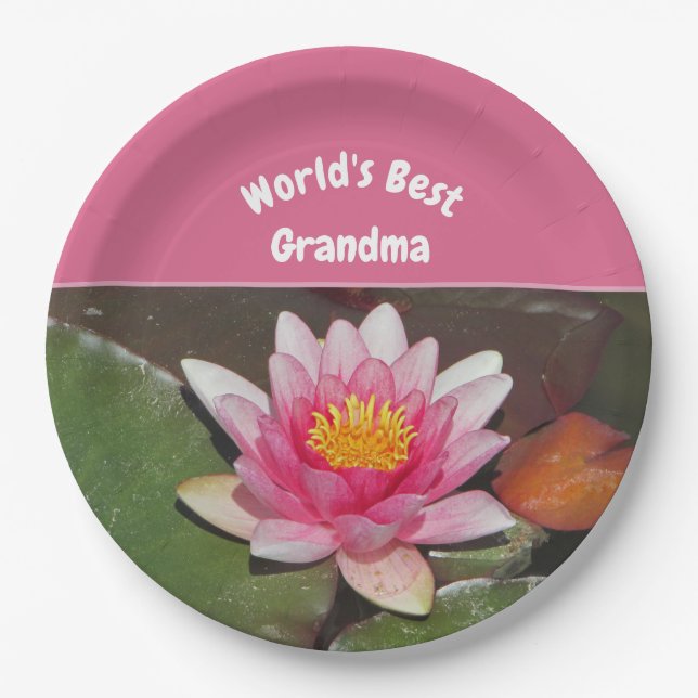  World's Best Grandma Vivid Pink Water Lily Flower Paper Plates (Front)