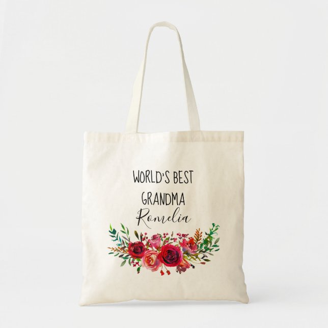 Worlds Best Grandma Watercolor Floral Tote Bag (Front)