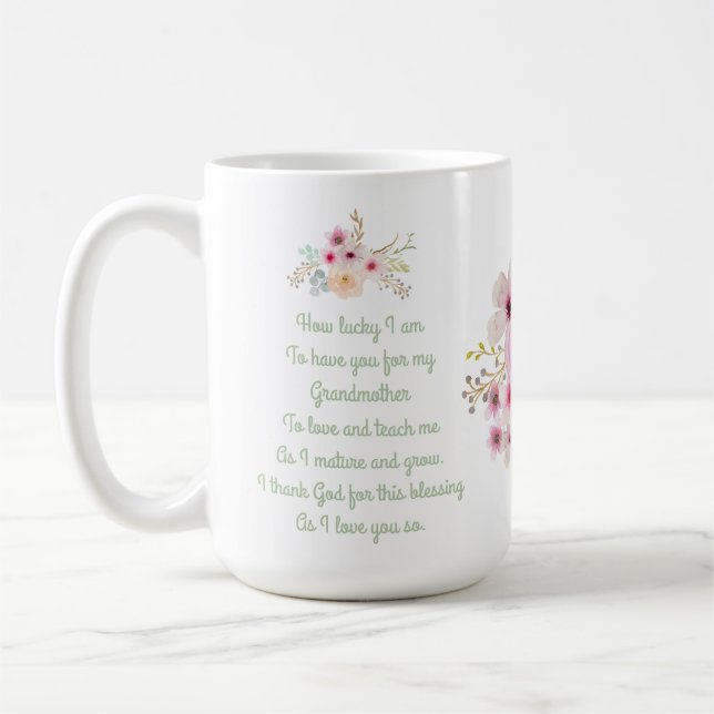 World's Best GRANDMOTHER POEM, Floral Personalized Coffee Mug (Left)