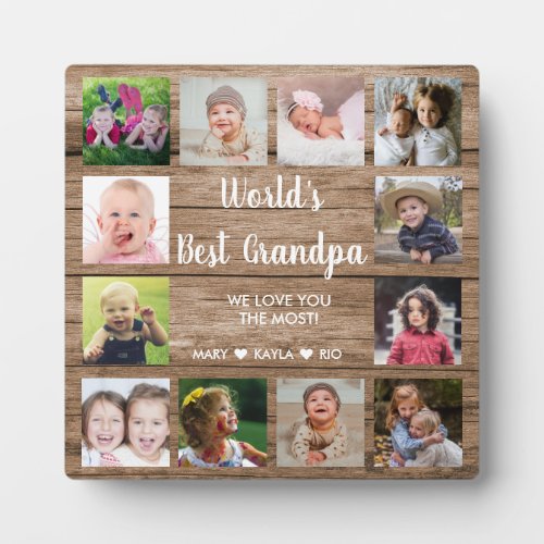 Worlds Best Grandpa 12 Photo Collage Rustic Wood Plaque