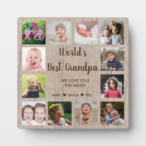 Worlds Best Grandpa 12 Photo Collage Rustic Wood  Plaque