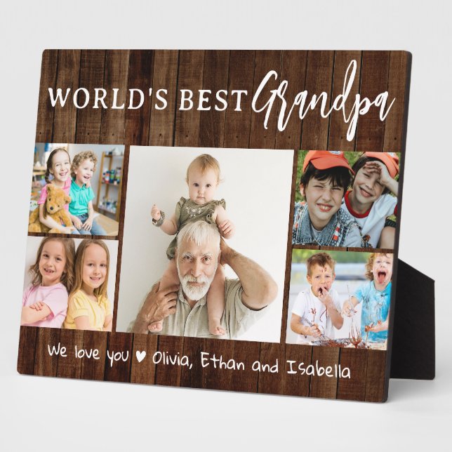 Worlds Best Grandpa 5 Photo Collage Rustic Wood Plaque (Side)