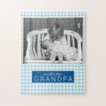 World's Best Grandpa Blue Plaid Personalized Photo Jigsaw Puzzle<br><div class="desc">Gift the grandparent in your life a customized photo puzzle featuring the phrase,  "world's best grandpa" on a blue and white gingham check background. Part of a collection from Parcel Studios.</div>