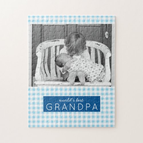 Worlds Best Grandpa Blue Plaid Personalized Photo Jigsaw Puzzle