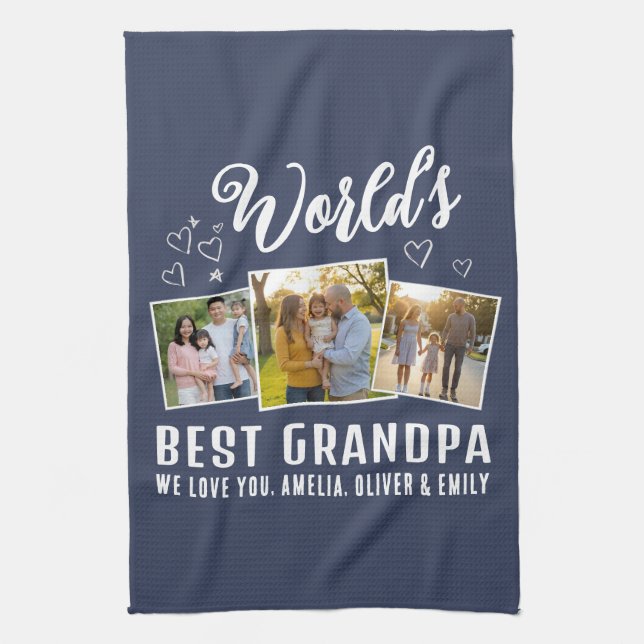 World's Best Grandpa Custom 3 Photo Collage Kitchen Towel (Vertical)