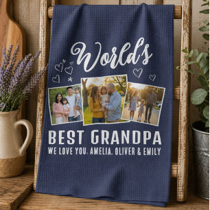 World's Best Grandpa Custom 3 Photo Collage Kitchen Towel