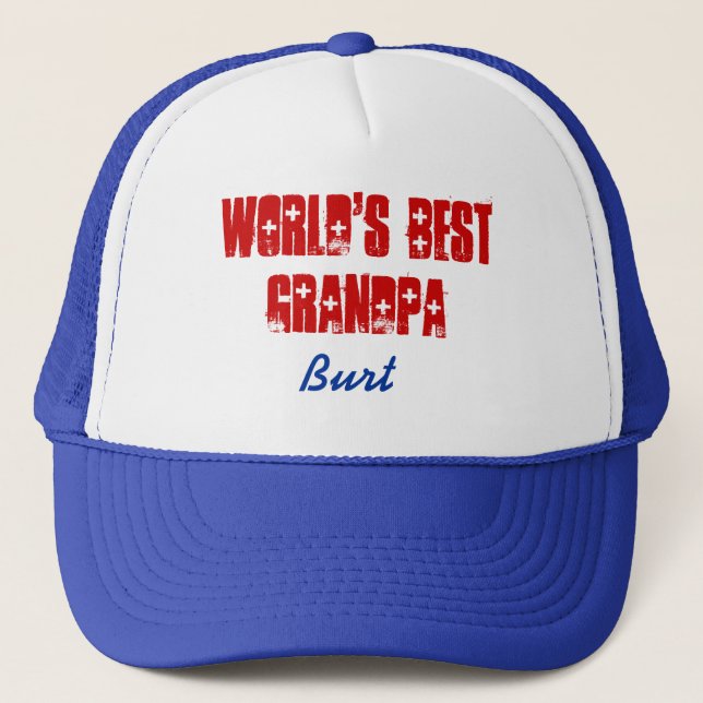 World's Best Grandpa Custom Name Blue Red Trucker Hat (Front)