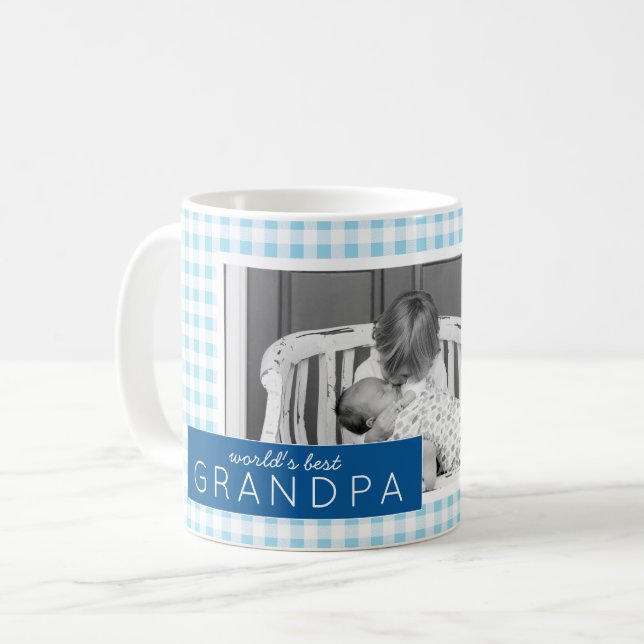 World's Best Grandpa Gingham Personalized Photo Coffee Mug (Front Left)