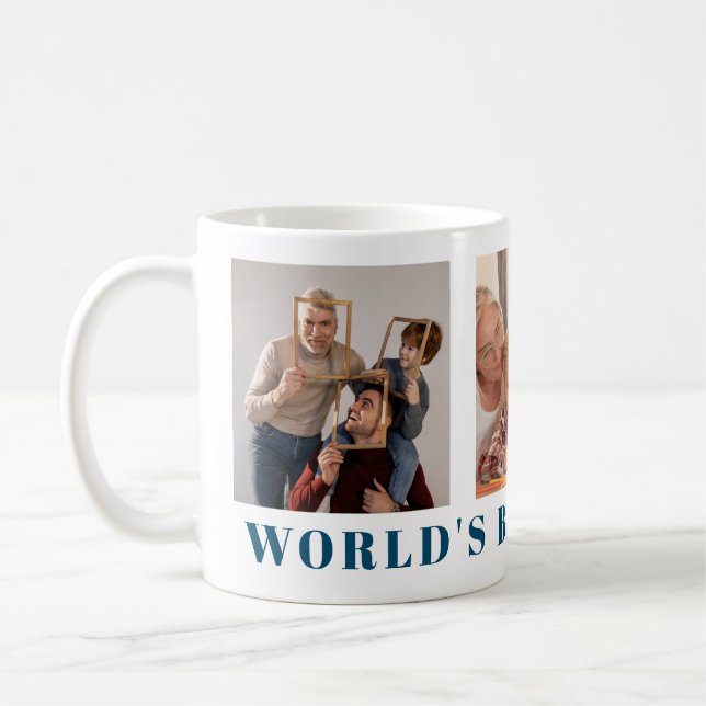 Worlds Best Grandpa Modern Navy Blue three Photo Coffee Mug (Left)