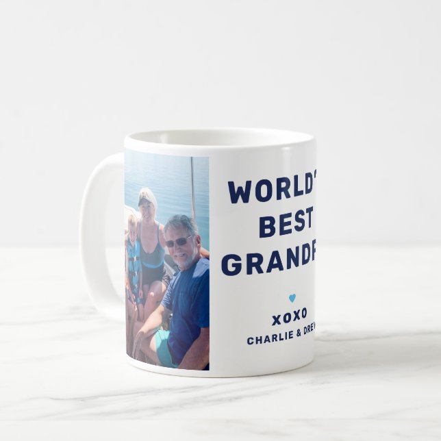 Worlds Best Grandpa Modern Navy Blue Two Photo Coffee Mug (Front Left)