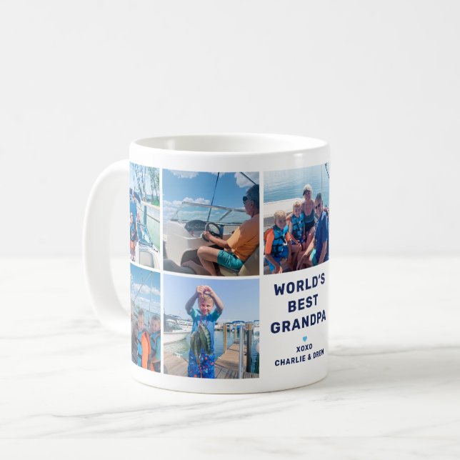 Worlds Best Grandpa Modern Navy Photo Collage Coffee Mug (Front Left)