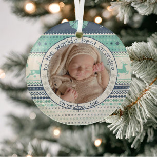 World's Best Grandpa Nordic Reindeer Baby Photo Glass Ornament