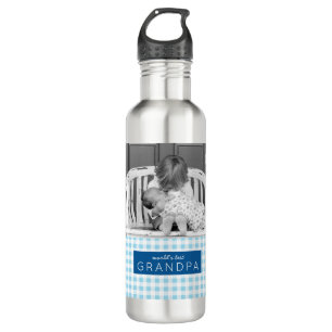 World's Best Grandpa Photo Personalized Blue Plaid Stainless Steel Water Bottle