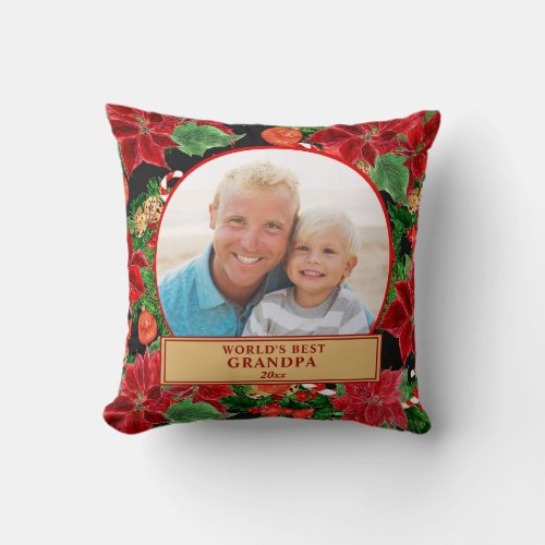 Worlds Best Grandpa Red Poinsettias Holiday Photo Throw Pillow