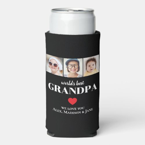 Worlds Best Grandpa We love you 3 Kids Photo Names Seltzer Can Cooler