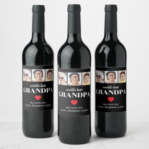 Worlds Best Grandpa We love you 3 Kids Photo Names Wine Label